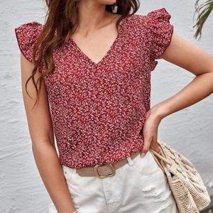 Boho plants ruffle sleeve V neck blouse